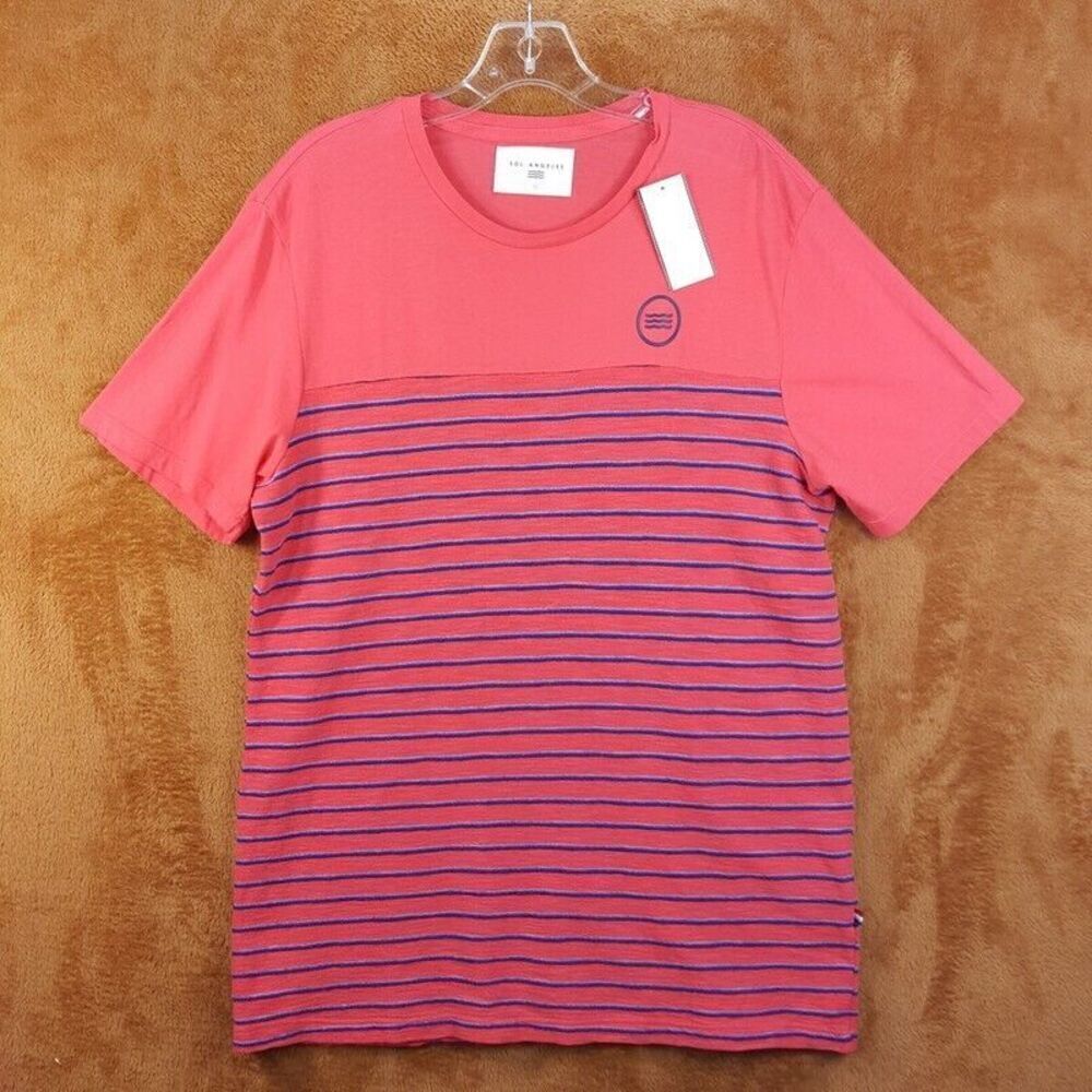 SOL ANGELES Mens Shirt Medium Pink Pullover Crew Stripe Terry Logo Tee